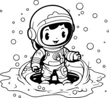 dibujos animados astronauta en el agua. colorante página para niños. vector