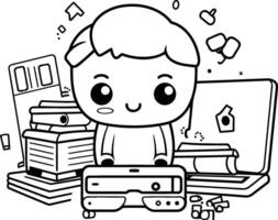 cute little boy with books and laptop computer illustration graphic design vector