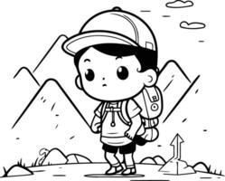 Cute little boy with backpack and mountain in the background. vector