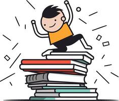 Little boy jumping on pile of books. Flat style illustration. vector