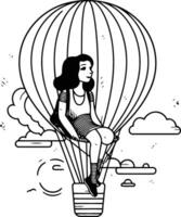 Woman in hot air balloon. Hand drawn illustration in sketch style. vector