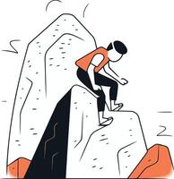 Climber on the cliff in thin line style. vector