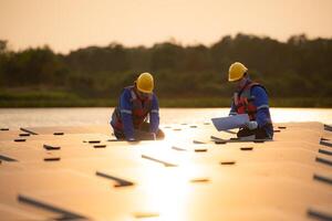 Photovoltaic engineers work on floating photovoltaics. Inspect and repair the solar panel equipment floating on the water. photo