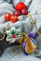 Christmas decorations on a color background. New year toys. photo