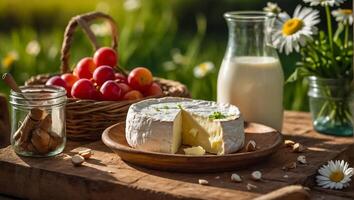 delicioso queso Camembert queso, botella de Leche a el granja foto