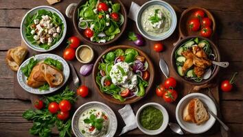 diferente griego comida en platos foto