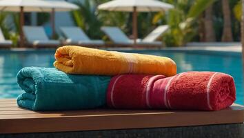 Towels on sun loungers near the pool photo