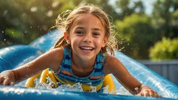 contento pequeño niña en agua diapositiva en verano foto