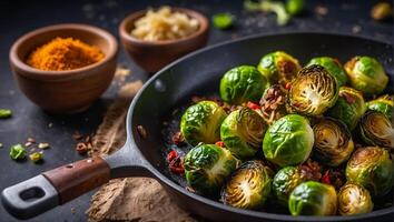 Roasted Brussels sprouts in a frying pan rustic photo