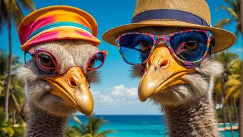 dibujos animados avestruz con lentes y sombrero en el playa diseño foto
