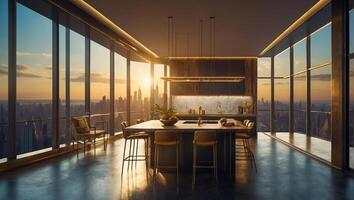 Beautiful modern kitchen with panoramic windows overlooking New York photo