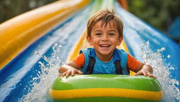 contento pequeño chico en agua diapositiva en verano foto