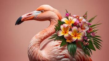 Gorgeous pink flamingo, flowers on a colored background photo