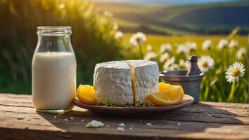 delicioso queso Camembert queso, botella de Leche a el granja foto