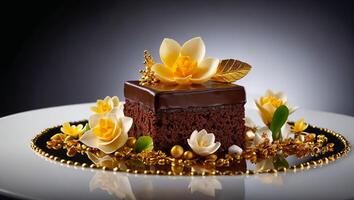 Appetizing chocolate cake with flowers photo