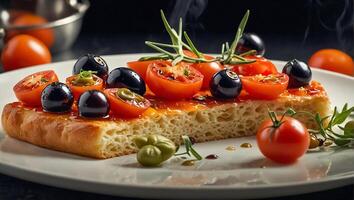 Focaccia with olives and tomatoes photo