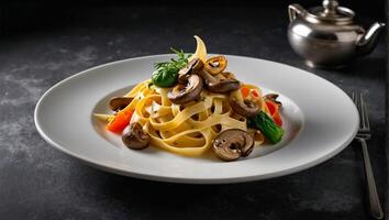 Fettuccine con hongos y Tomates restaurante foto