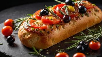 Focaccia with olives and tomatoes photo