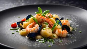 Gnocchi with seafood delicious in a restaurant photo