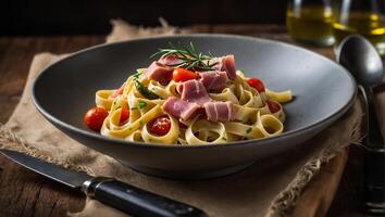 fettuccine with ham and vegetables photo