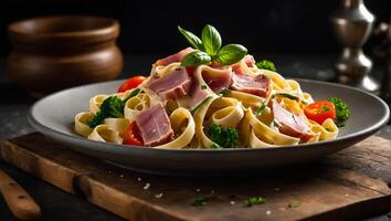 Fettuccine con jamón y vegetales foto