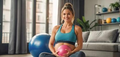 Pregnant girl with fitness ball at home photo