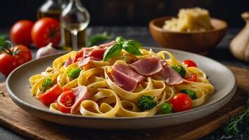 Fettuccine con jamón y vegetales foto