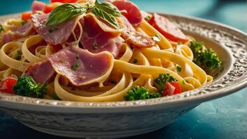 fettuccine with ham and vegetables photo