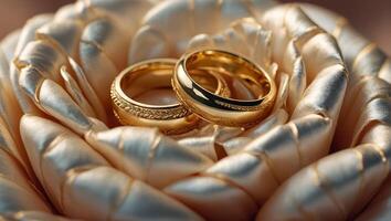 Two gold wedding rings, flowers photo