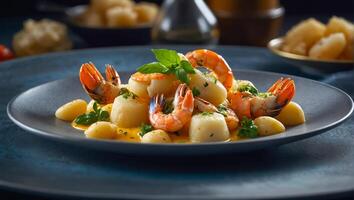 Gnocchi with seafood delicious in a restaurant photo