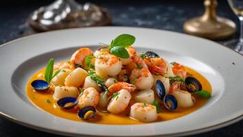 Gnocchi with seafood delicious in a restaurant photo