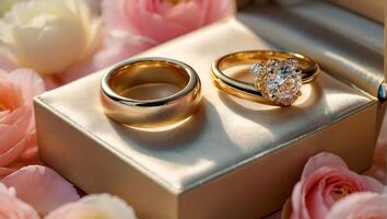 Two gold wedding rings, flowers photo