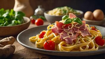 Fettuccine con jamón y vegetales foto