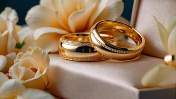 dos oro Boda anillos, flores foto