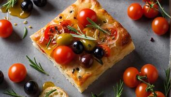 Focaccia with olives and tomatoes photo