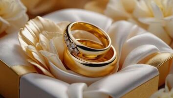 Two gold wedding rings, flowers photo