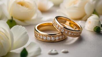 Two gold wedding rings, flowers photo