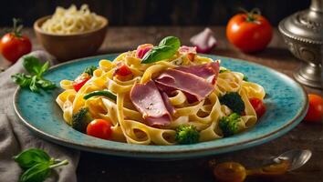 fettuccine with ham and vegetables photo