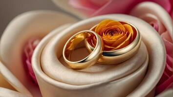 Two gold wedding rings, flowers photo