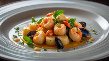 Gnocchi with seafood delicious in a restaurant photo