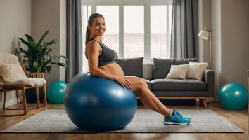 Pregnant girl with fitness ball at home photo