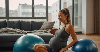 Pregnant girl with fitness ball at home photo