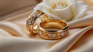 dos oro Boda anillos, flores foto