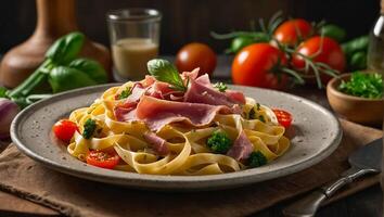 Fettuccine con jamón y vegetales foto