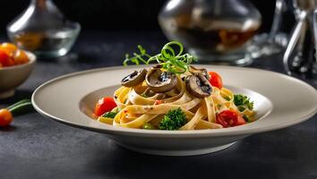 fettuccine with mushrooms and tomatoes restaurant photo