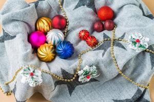 Christmas decorations on a color background. New year toys. photo