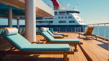 Empty sun loungers on the deck of a luxury cruise ship photo