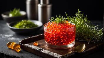 Fresh red caviar on the table photo