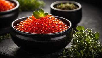 Fresh red caviar on the table photo