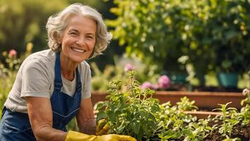 Smiling elderly woman wearing gloves in the garden photo